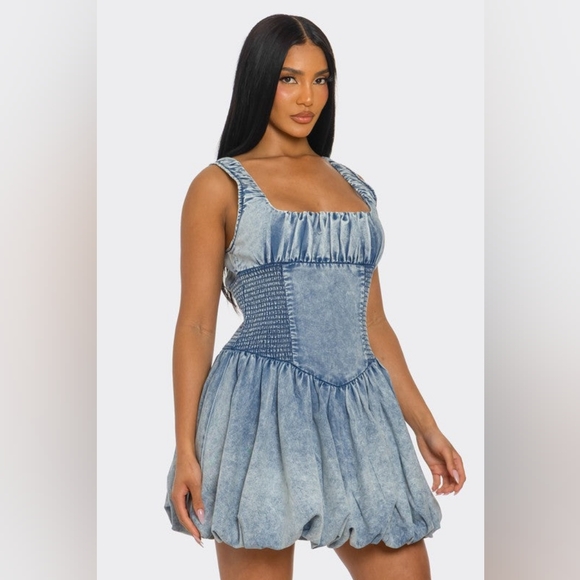 Denim Bubble Mini Dress - Picture 3 of 7